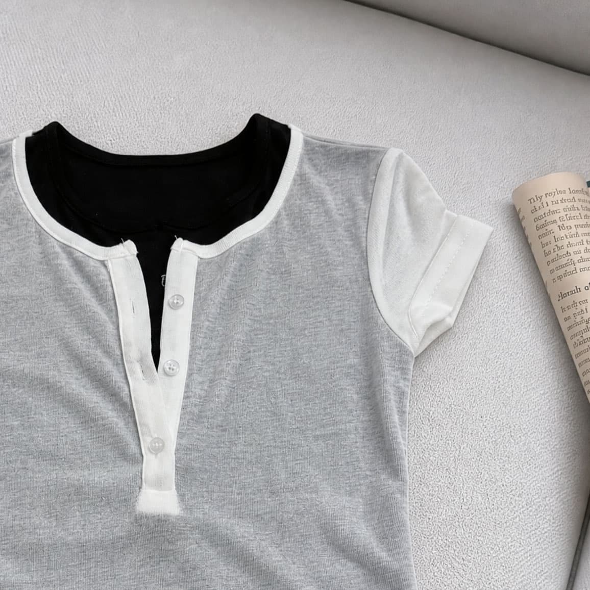 반팔 티셔츠 여성 2026 여름 새로운 면 더블 색상 패치워크 페이크 레이어드 슬림해 보이는 동정 상세 이미지 10