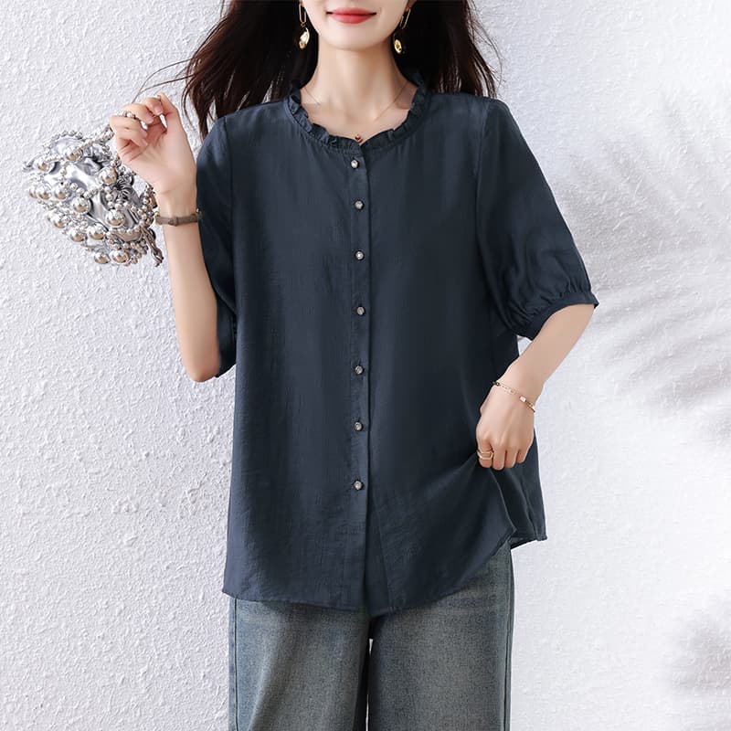 실사 반팔 셔츠 2026 여름 새로운 여성 의류 지방 mm 레트로 품격 목이버섯 레이스 칼라 절묘한 맨위 여성 이미지 6