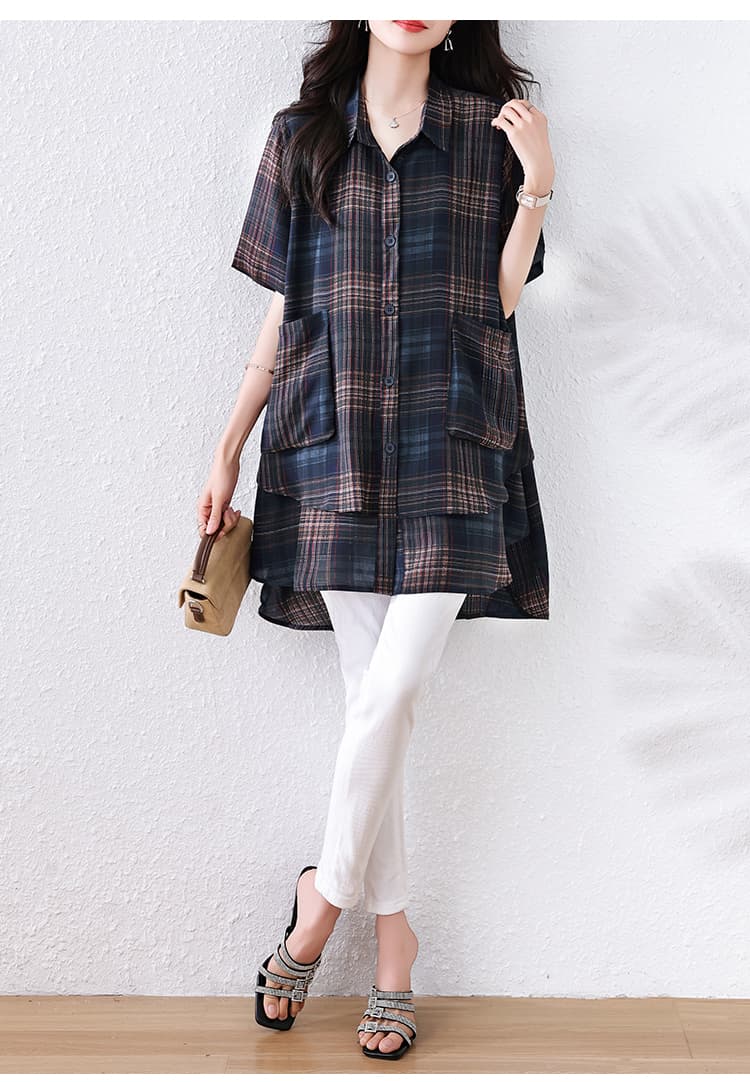 실사 빅 사이즈 여성 의류 2026 여름 패션 다용도 체크무늬 지방 mm 품격 셔츠 루즈핏 표지 배 슬림해 보이는 작은 셔츠 상세 이미지 16