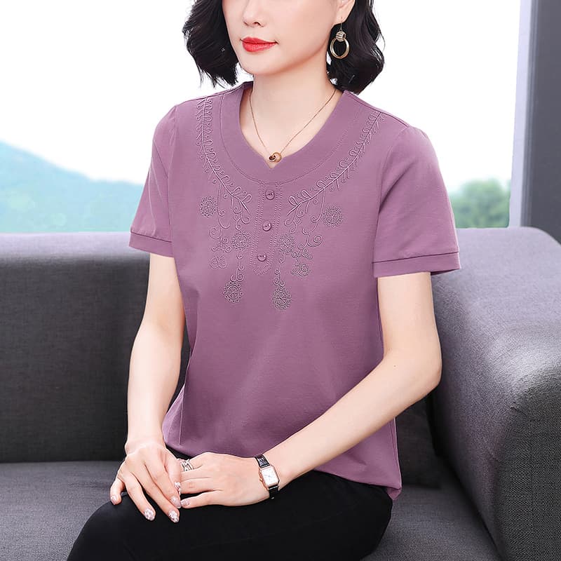 면 반팔 티셔츠 여성 루즈핏 라운드 넥 2026 새로운 중년 엄마 루즈핏 표지 배 캐주얼 패션 다용도 맨위 이미지 4