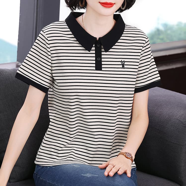 2026 패션 클래식 스트라이프 반팔 POLO 셔츠 여성 의류 여름 새로운 중년 엄마 맨위 패치워크 스트라이프 셔츠 이미지 2