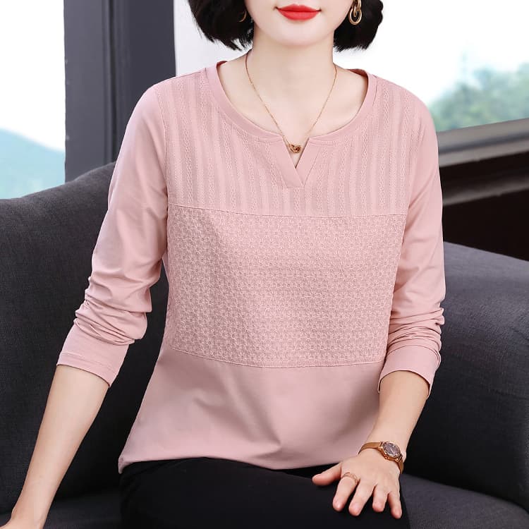 단색 긴팔 풀오버 V넥 티셔츠 빅 사이즈 여성 의류 패치워크 자수 2026 가을 캐주얼 빅 사이즈 어머니 드레스 이미지 2