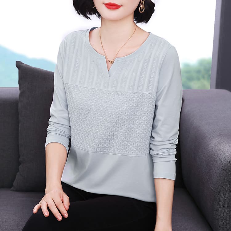 단색 긴팔 풀오버 V넥 티셔츠 빅 사이즈 여성 의류 패치워크 자수 2026 가을 캐주얼 빅 사이즈 어머니 드레스 이미지 4