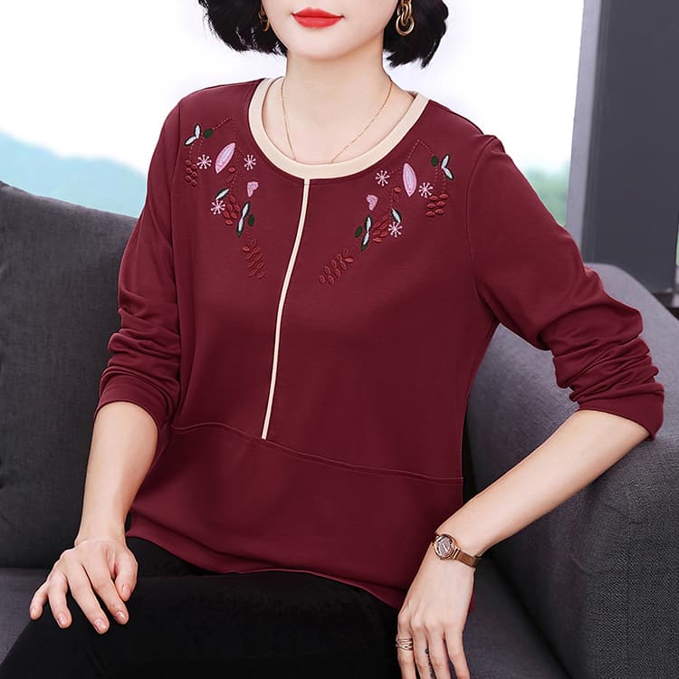 2026 가을 라운드 넥 배색 자수 새로운 빅 사이즈 긴팔 여성 의류 패션 품격 루즈핏 표지 배 맨위 이미지 4