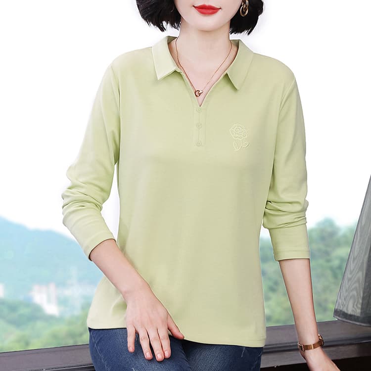 밝은 녹색 폴로 칼라 긴 소매 셔츠 패션 품격 어머니 드레스 캐주얼 루즈핏 표지 배 티셔츠 2026 가을 새로운 이미지 3