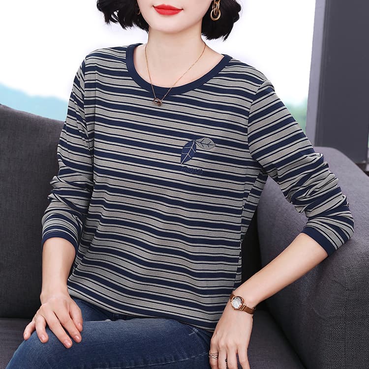 패션 라운드 넥 배색 스트라이프 셔츠 루즈핏 표지 배 캐주얼 2026 년 가을 빅 사이즈 어머니 드레스 외국 가스 맨위 이미지 4