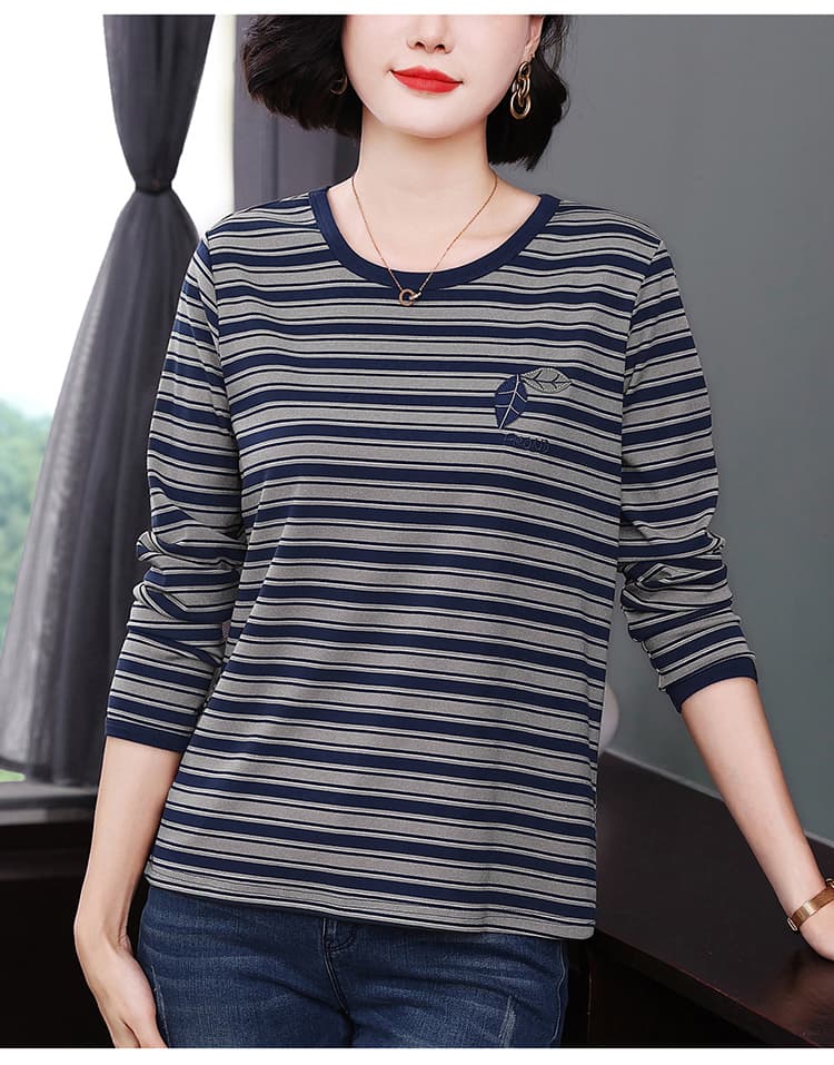 패션 라운드 넥 배색 스트라이프 셔츠 루즈핏 표지 배 캐주얼 2026 년 가을 빅 사이즈 어머니 드레스 외국 가스 맨위 상세 이미지 15