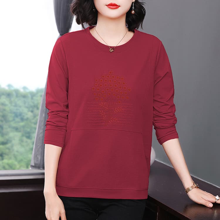 2026 새로운 콩 페이스트 분말 라운드 넥 긴 소매 셔츠 패션 외국 가스 어머니 드레스 루즈핏 표지 배 빅 사이즈 여성 의류 품격 이미지 5