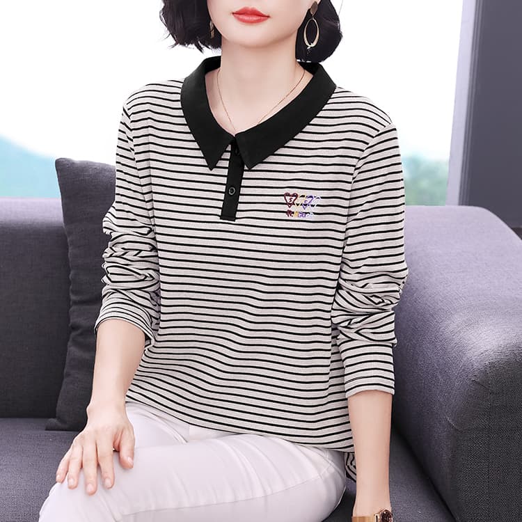 폴로 칼라 배색 패션 스트라이프 셔츠 긴팔 새로운 품격 인사이드 가져 가라. 외출용 있음 신축성 루즈핏 연령 감소 빅 사이즈 여성 의류 이미지 4