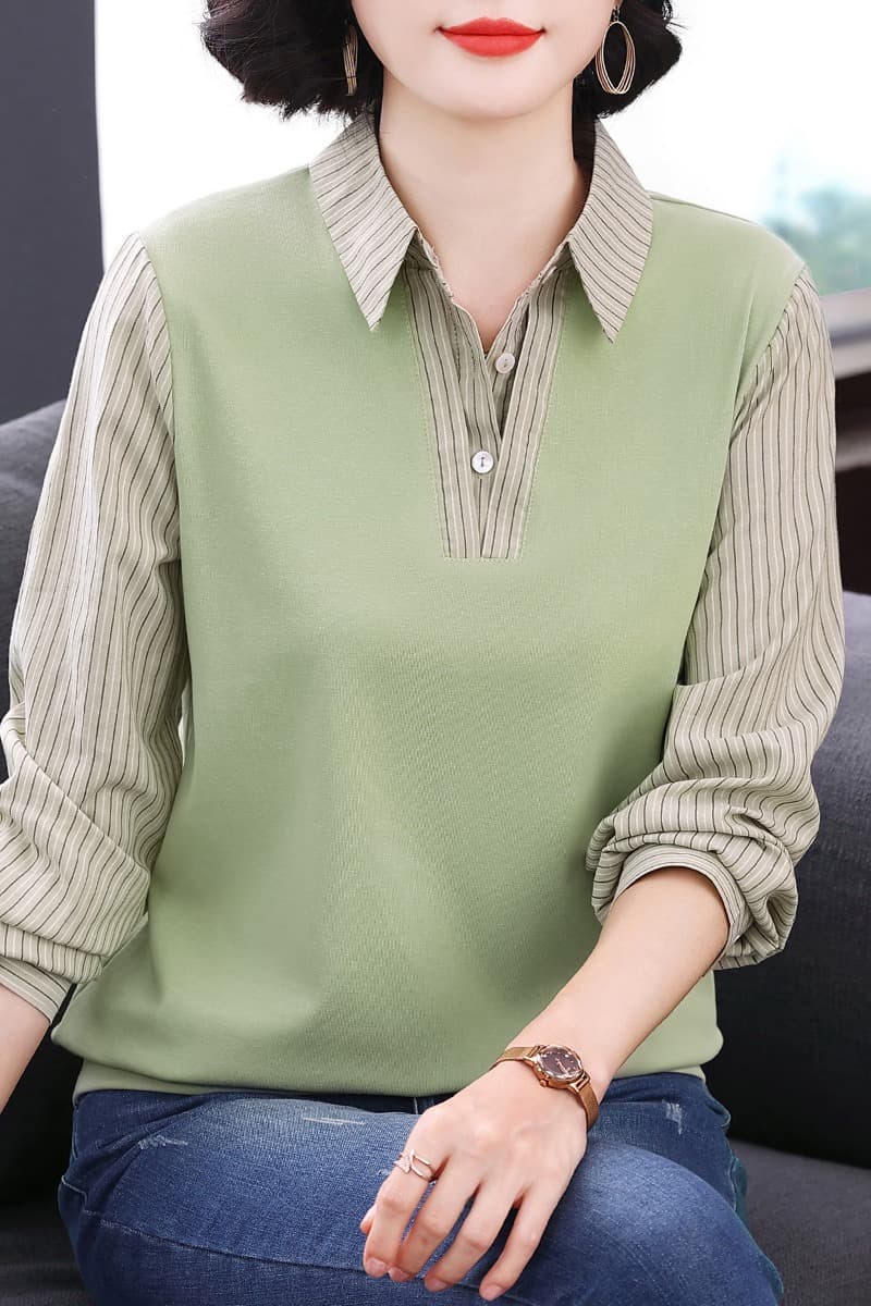 폴로 칼라 페이크 레이어드 긴 소매 셔츠 2026 년 루즈핏 빅 사이즈 여성 의류 배색 패치워크 패션 어머니 드레스 외출용 인사이드 가져 가라. 이미지 7