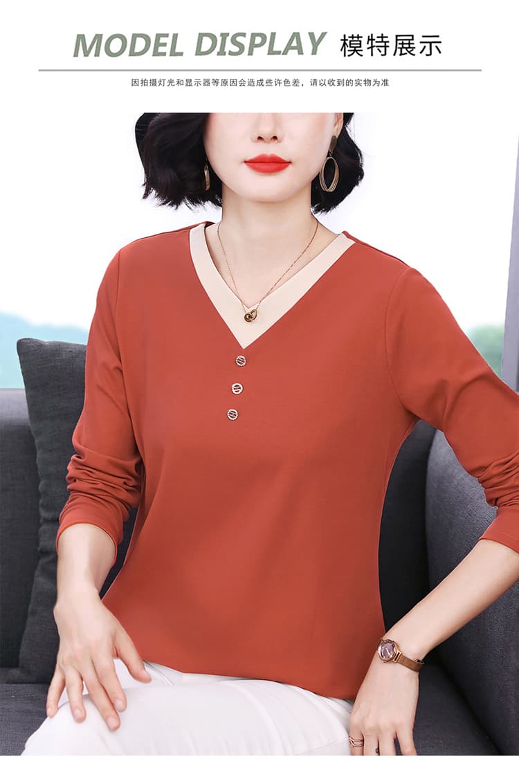 가을 새로운 어머니 드레스 긴팔 여성 티셔츠 미니멀리즘 V넥 배색 디자인 루즈핏 슬림해 보이는 패치워크 맨위 여성 의류 상세 이미지 14