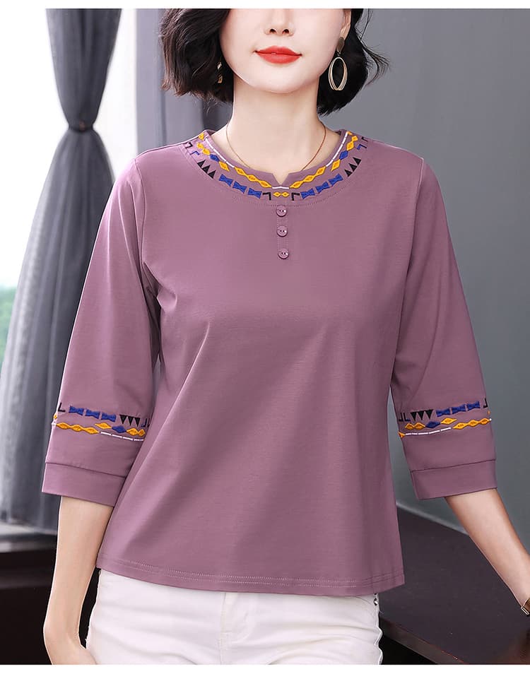 자수 라운드 넥 보라색 티셔츠 7부 소매 2026 새로운 루즈핏 빅 사이즈 맨위 패치워크 단색 어머니 드레스 상세 이미지 18