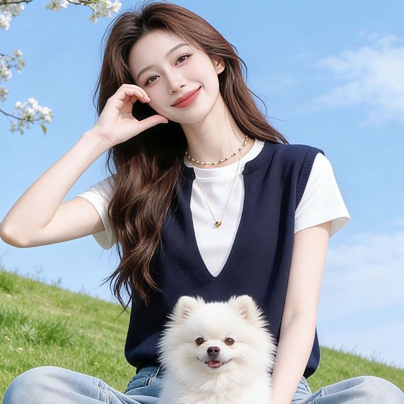 학원 스타일 패치워크 색상 페이크 레이어드 V넥 긍정적 인 어깨 반팔 티셔츠 여자 여름 디자인 센스 Chic 고유 한 작은 대중 맨위 이미지 3
