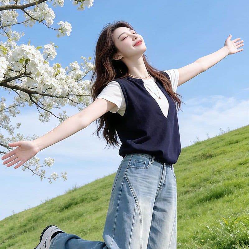 학원 스타일 패치워크 색상 페이크 레이어드 V넥 긍정적 인 어깨 반팔 티셔츠 여자 여름 디자인 센스 Chic 고유 한 작은 대중 맨위 이미지 5