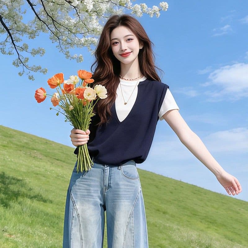 학원 스타일 패치워크 색상 페이크 레이어드 V넥 긍정적 인 어깨 반팔 티셔츠 여자 여름 디자인 센스 Chic 고유 한 작은 대중 맨위 이미지 2