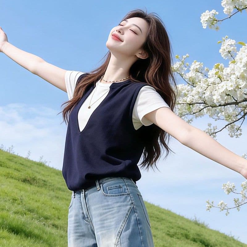 학원 스타일 패치워크 색상 페이크 레이어드 V넥 긍정적 인 어깨 반팔 티셔츠 여자 여름 디자인 센스 Chic 고유 한 작은 대중 맨위 이미지 4