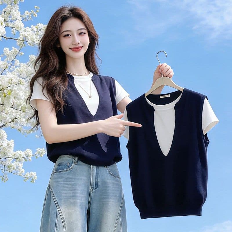 학원 스타일 패치워크 색상 페이크 레이어드 V넥 긍정적 인 어깨 반팔 티셔츠 여자 여름 디자인 센스 Chic 고유 한 작은 대중 맨위