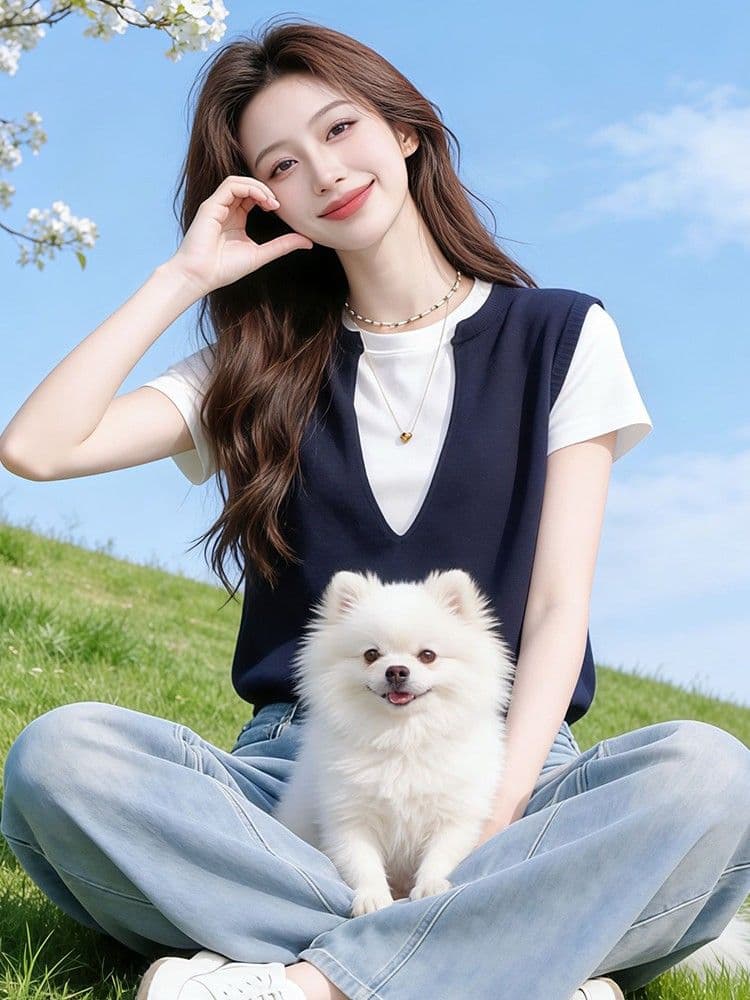 학원 스타일 패치워크 색상 페이크 레이어드 V넥 긍정적 인 어깨 반팔 티셔츠 여자 여름 디자인 센스 Chic 고유 한 작은 대중 맨위 상세 이미지 2