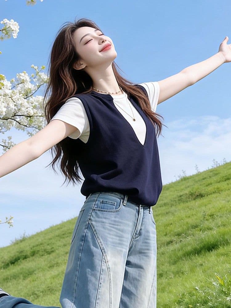 학원 스타일 패치워크 색상 페이크 레이어드 V넥 긍정적 인 어깨 반팔 티셔츠 여자 여름 디자인 센스 Chic 고유 한 작은 대중 맨위 상세 이미지 3
