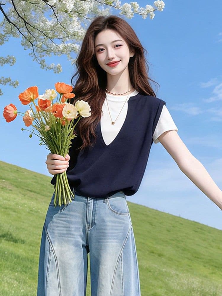 학원 스타일 패치워크 색상 페이크 레이어드 V넥 긍정적 인 어깨 반팔 티셔츠 여자 여름 디자인 센스 Chic 고유 한 작은 대중 맨위 상세 이미지 4