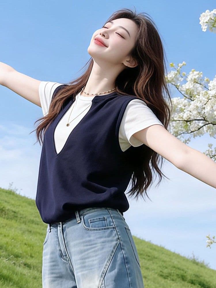 학원 스타일 패치워크 색상 페이크 레이어드 V넥 긍정적 인 어깨 반팔 티셔츠 여자 여름 디자인 센스 Chic 고유 한 작은 대중 맨위 상세 이미지 5