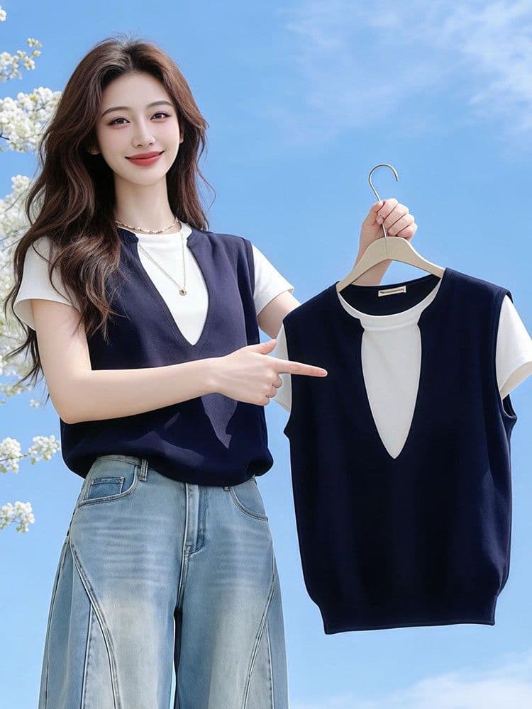 학원 스타일 패치워크 색상 페이크 레이어드 V넥 긍정적 인 어깨 반팔 티셔츠 여자 여름 디자인 센스 Chic 고유 한 작은 대중 맨위 상세 이미지 6