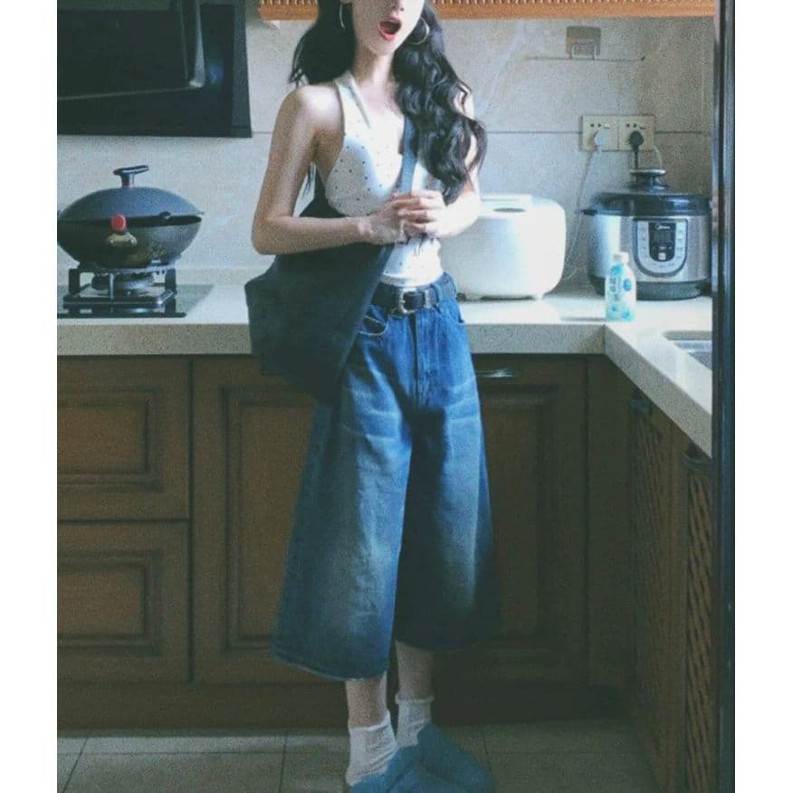 여름 데님 반바지 남녀 같은 단락 아메리칸 레트로 워싱 높음 거리 넓은 다리 마 오래된 캐주얼 다용도 7부 바지 남자 이미지 5