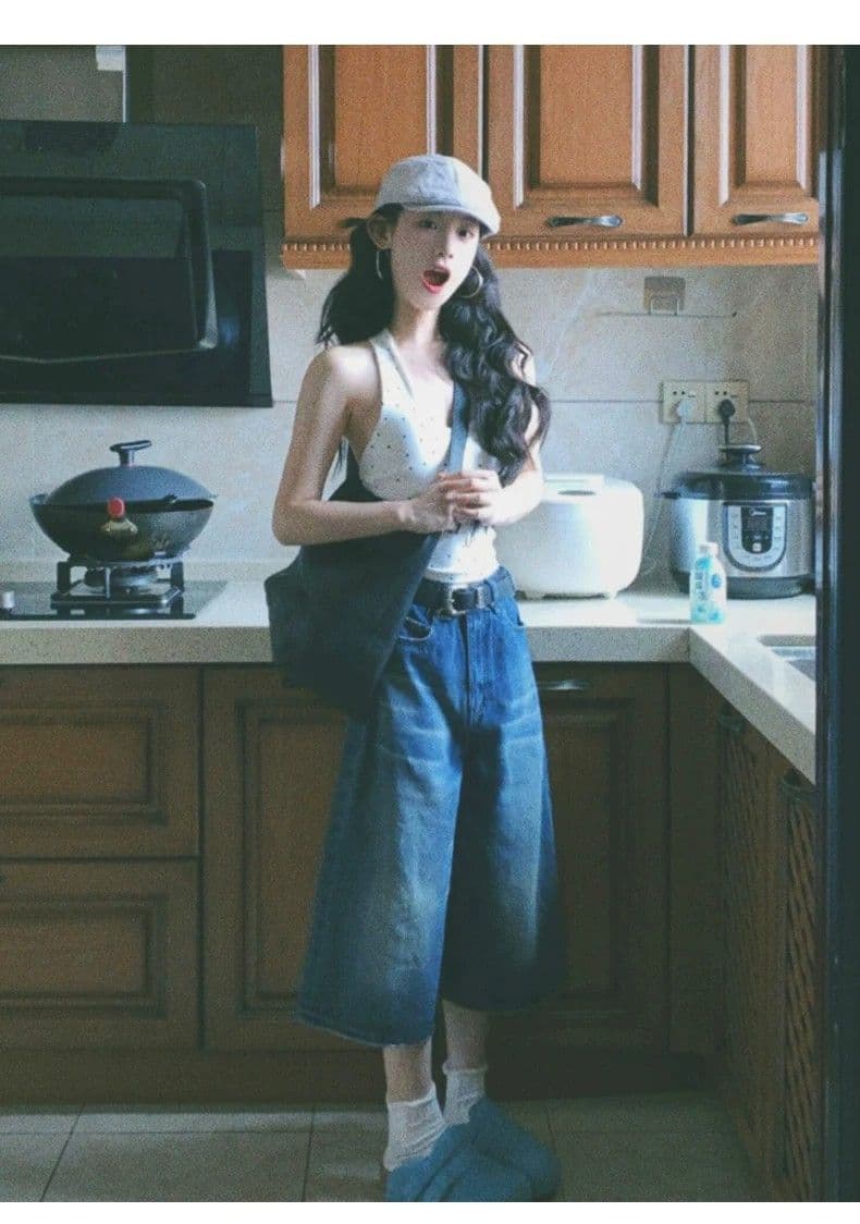여름 데님 반바지 남녀 같은 단락 아메리칸 레트로 워싱 높음 거리 넓은 다리 마 오래된 캐주얼 다용도 7부 바지 남자 상세 이미지 2