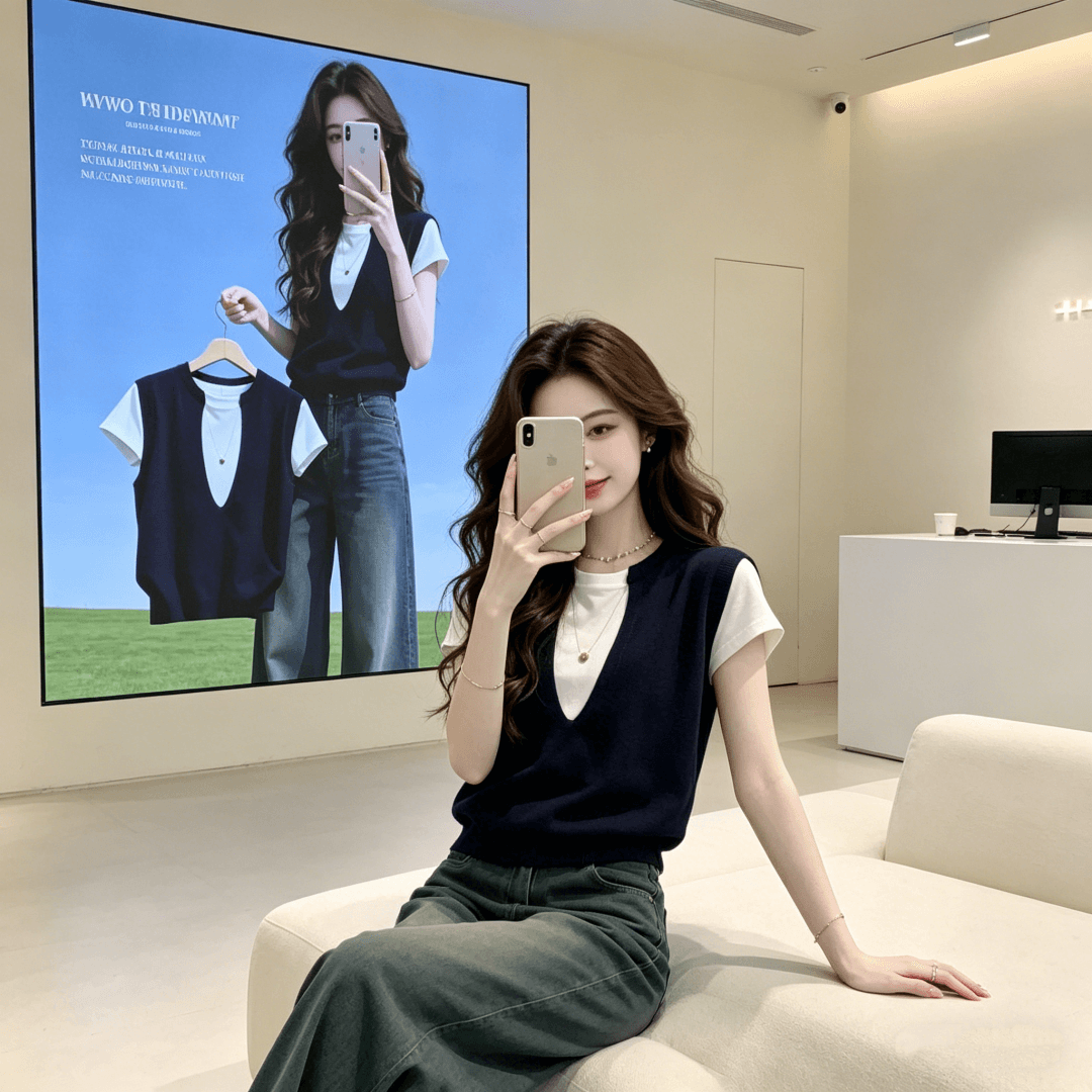 빅 사이즈 학원 스타일 패치워크 색상 페이크 레이어드 V넥 긍정적 인 어깨 반팔 티셔츠 여자 여름 디자인 센스 Chic 작은 대중 맨위 이미지 4