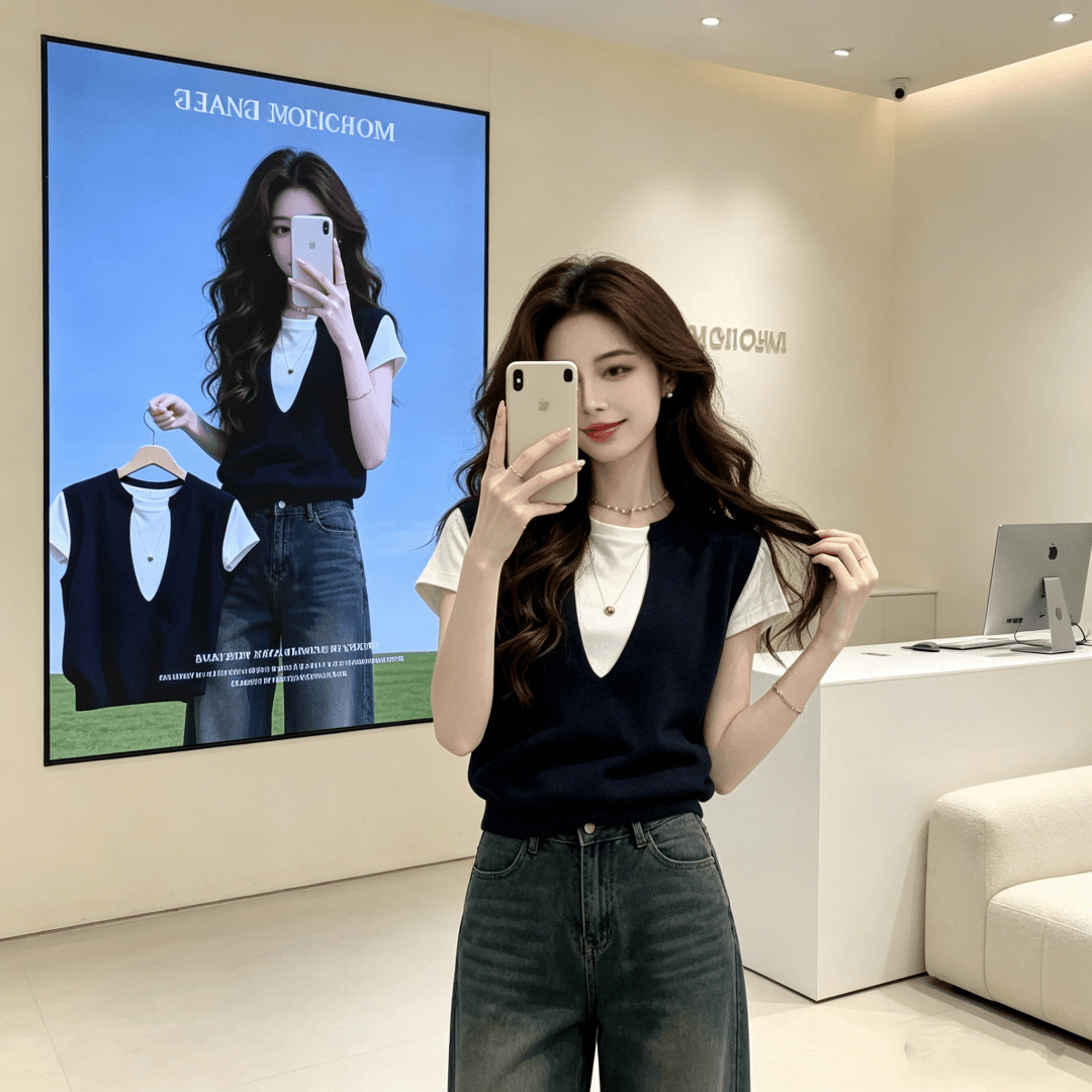 빅 사이즈 학원 스타일 패치워크 색상 페이크 레이어드 V넥 긍정적 인 어깨 반팔 티셔츠 여자 여름 디자인 센스 Chic 작은 대중 맨위 상세 이미지 3