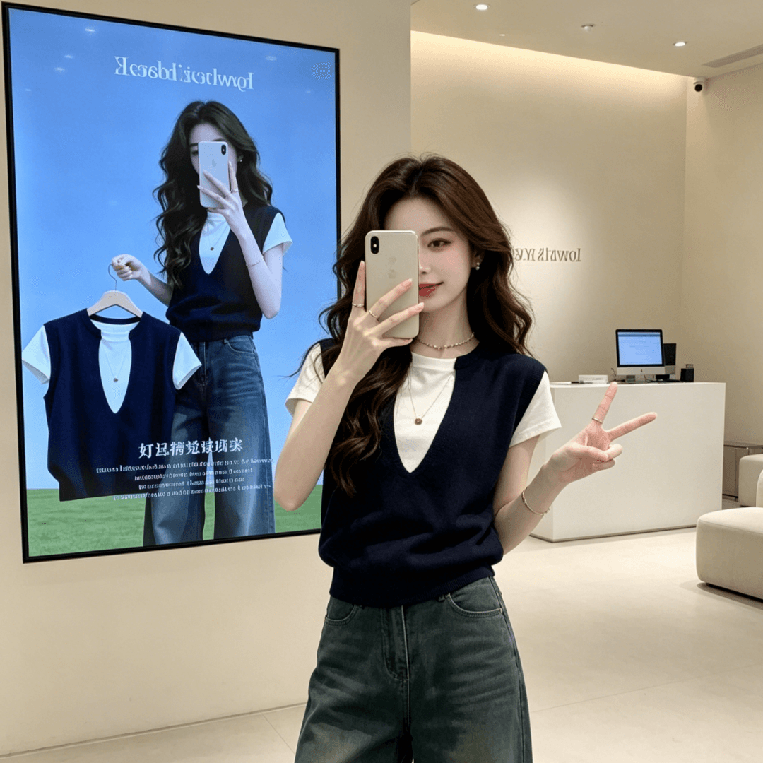 빅 사이즈 학원 스타일 패치워크 색상 페이크 레이어드 V넥 긍정적 인 어깨 반팔 티셔츠 여자 여름 디자인 센스 Chic 작은 대중 맨위 상세 이미지 5