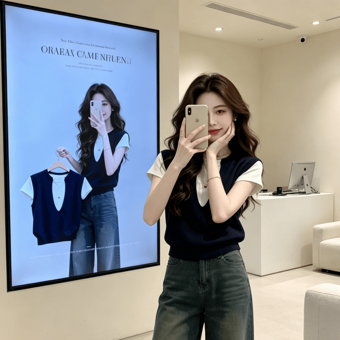 빅 사이즈 학원 스타일 패치워크 색상 페이크 레이어드 V넥 긍정적 인 어깨 반팔 티셔츠 여자 여름 디자인 센스 Chic 작은 대중 맨위 상세 이미지 9