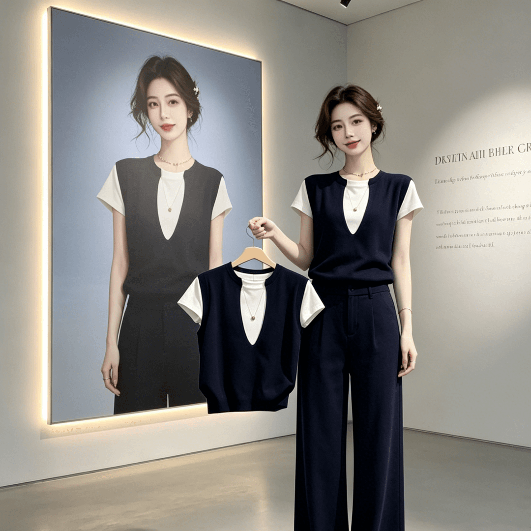 빅 사이즈 학원 스타일 패치워크 색상 페이크 레이어드 V넥 긍정적 인 어깨 반팔 티셔츠 여자 여름 디자인 센스 Chic 작은 대중 맨위 이미지 2