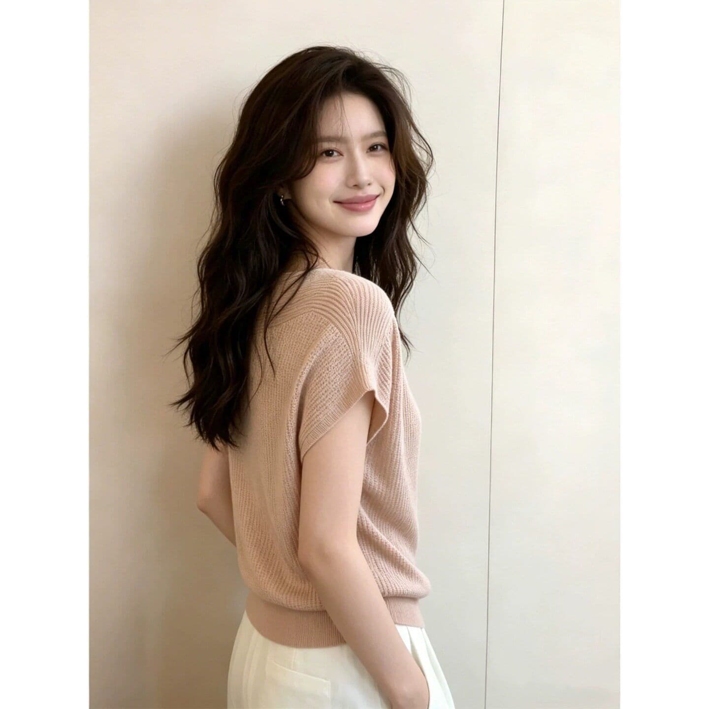 라이 경기 서울 주간 실크 한 부서 핑크색 오프숄더 니트 반팔 티셔츠 여성 여름 작은 키 아름다운 쇼트 스타일 맨위 이미지 3