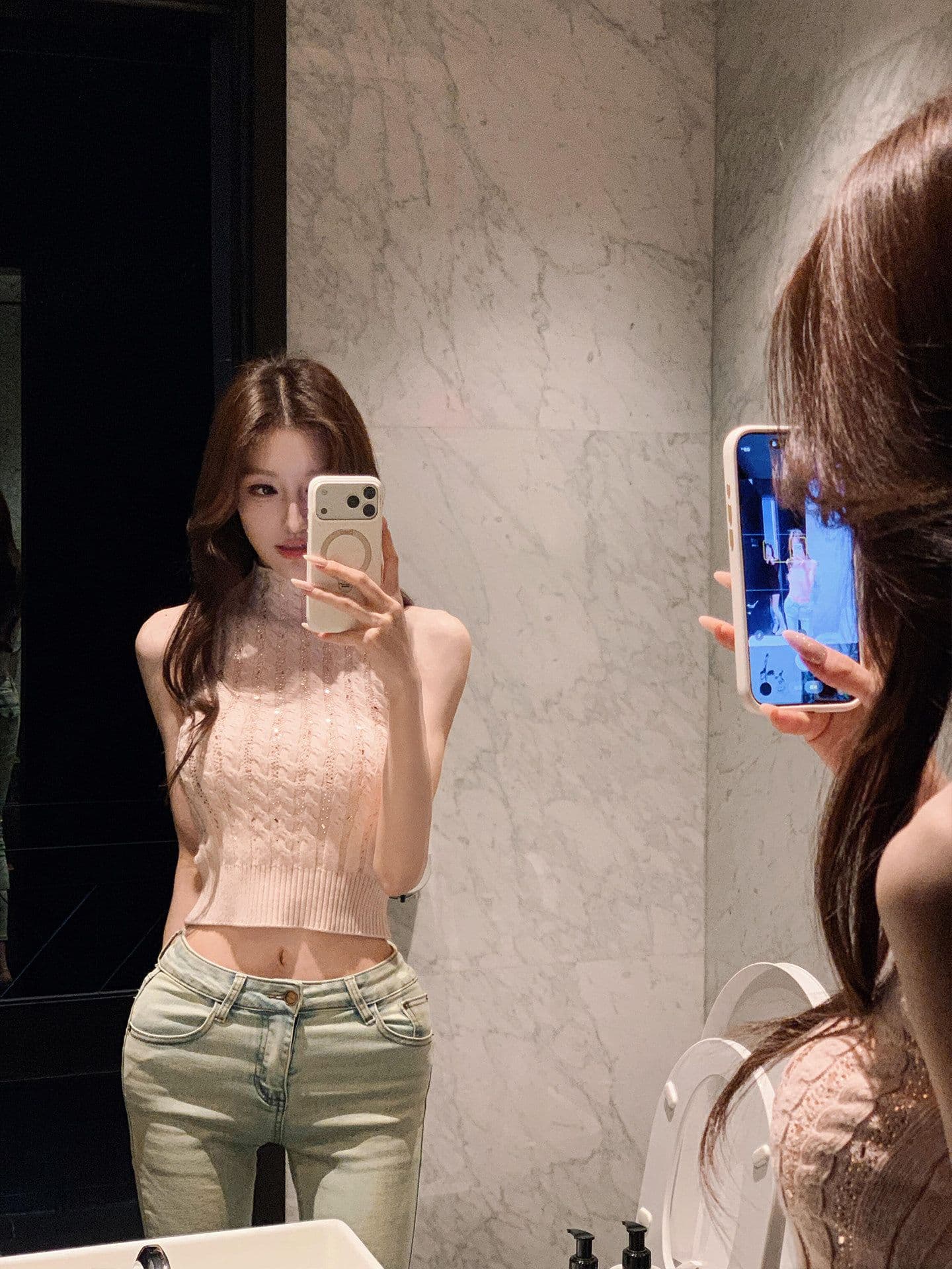 패키지 코어 실 패션 캐주얼 핑크색 꽈배기 아름다움 뒤로 터틀넥 니트 조끼 여성 몸매 가꾸기 섹시함 쇼트 스타일 맨위 상세 이미지 3