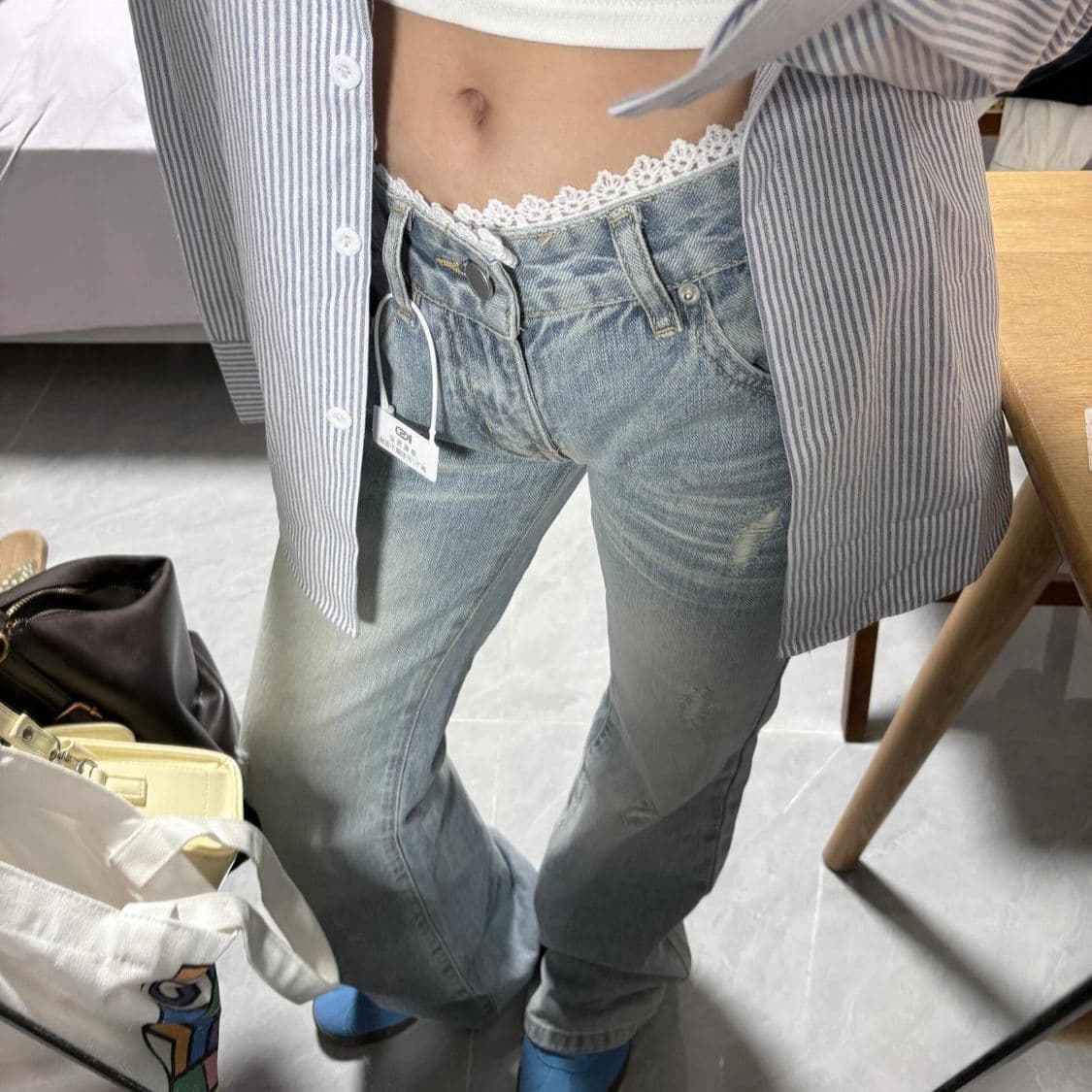 아메리칸 레트로 높음 거리 레이스 레이스 패치워크 하늘색 몸매 가꾸기 슬림해 보이는 마이크로 나팔 청바지 여성 바닥 청소 바지 상세 이미지 12