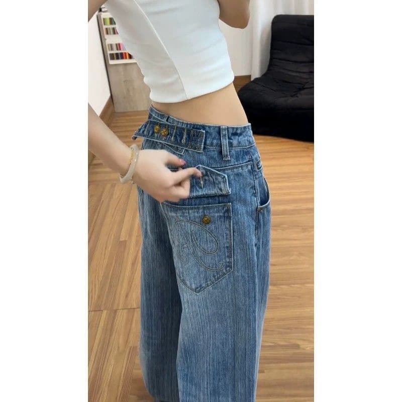 아메리칸 핫걸 바람 워싱 스트레이트 청바지 여성 작은 대중 높음 거리 디자인 센스 루즈핏 슬림해 보이는 캐주얼 넓은 다리 길이 바지 이미지 3