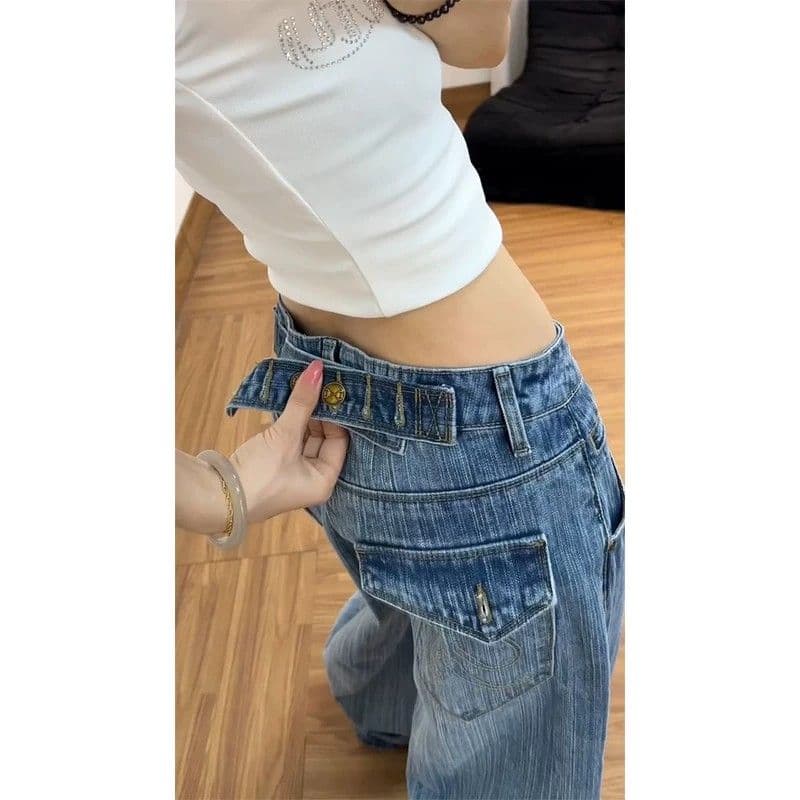 아메리칸 핫걸 바람 워싱 스트레이트 청바지 여성 작은 대중 높음 거리 디자인 센스 루즈핏 슬림해 보이는 캐주얼 넓은 다리 길이 바지 상세 이미지 2