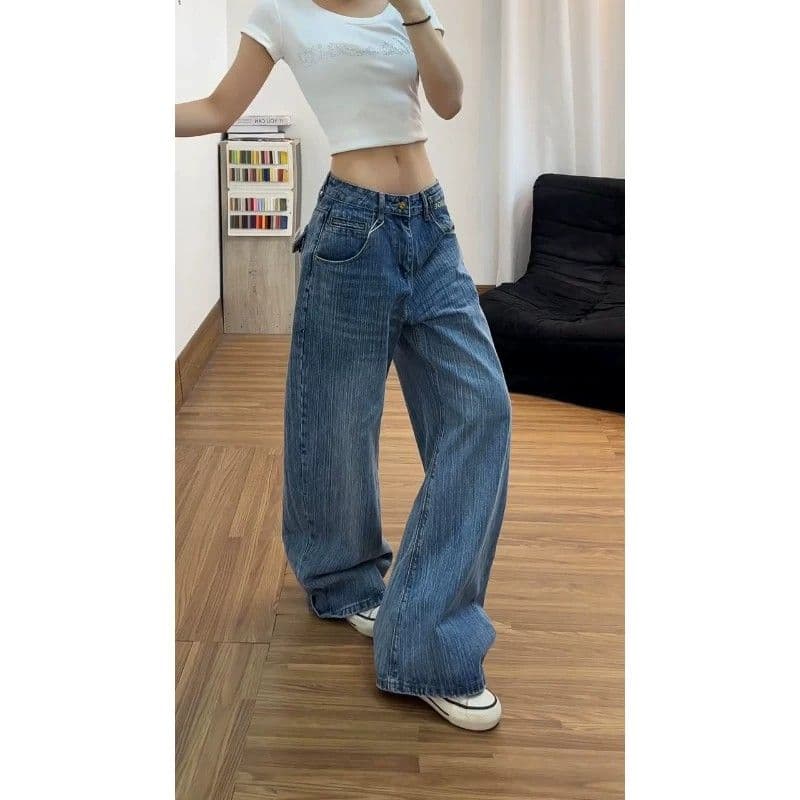 아메리칸 핫걸 바람 워싱 스트레이트 청바지 여성 작은 대중 높음 거리 디자인 센스 루즈핏 슬림해 보이는 캐주얼 넓은 다리 길이 바지 상세 이미지 3