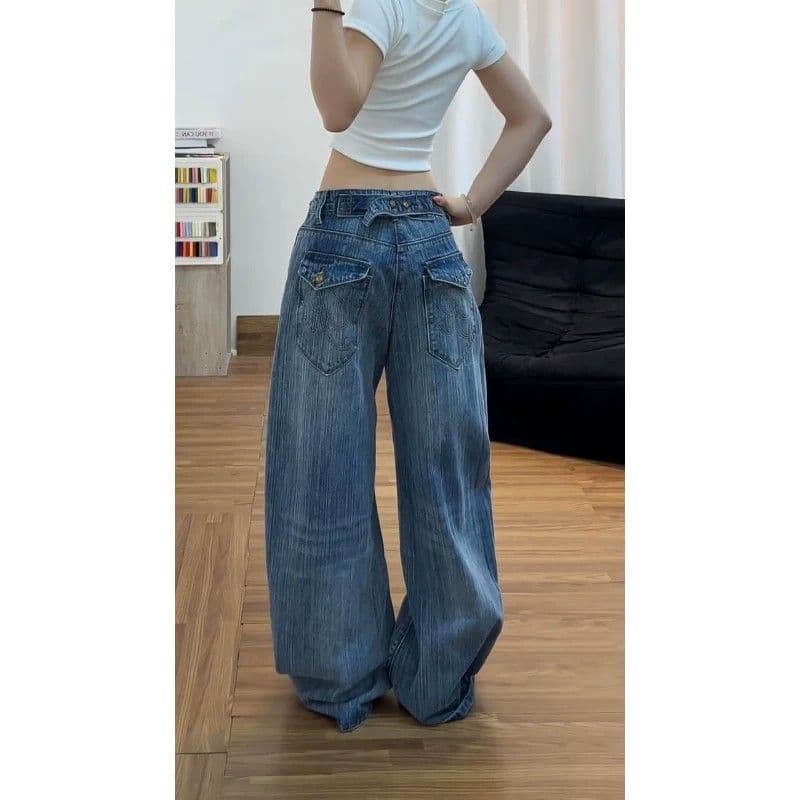 아메리칸 핫걸 바람 워싱 스트레이트 청바지 여성 작은 대중 높음 거리 디자인 센스 루즈핏 슬림해 보이는 캐주얼 넓은 다리 길이 바지 상세 이미지 4
