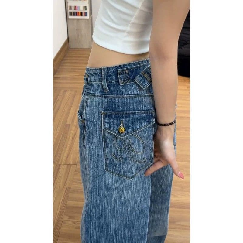 아메리칸 핫걸 바람 워싱 스트레이트 청바지 여성 작은 대중 높음 거리 디자인 센스 루즈핏 슬림해 보이는 캐주얼 넓은 다리 길이 바지 상세 이미지 7