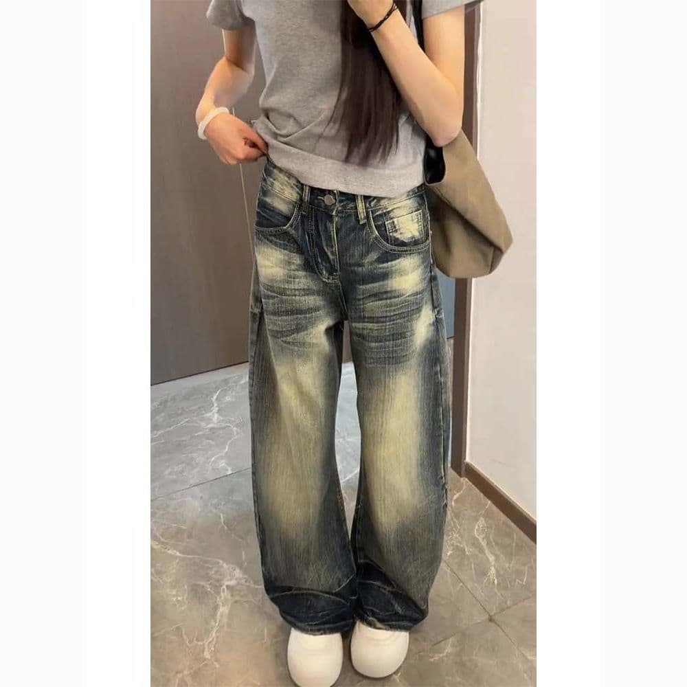 청바지 여성 여름 새로운 고양이 반드시 아메리칸 모통이 칼 바지 레트로 마 오래된 워싱 와이드 레그 팬츠 어린이 이미지 2