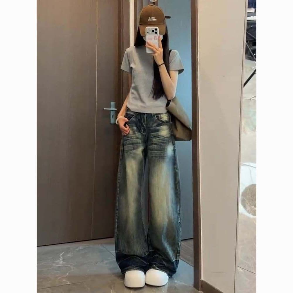 청바지 여성 여름 새로운 고양이 반드시 아메리칸 모통이 칼 바지 레트로 마 오래된 워싱 와이드 레그 팬츠 어린이 상세 이미지 3