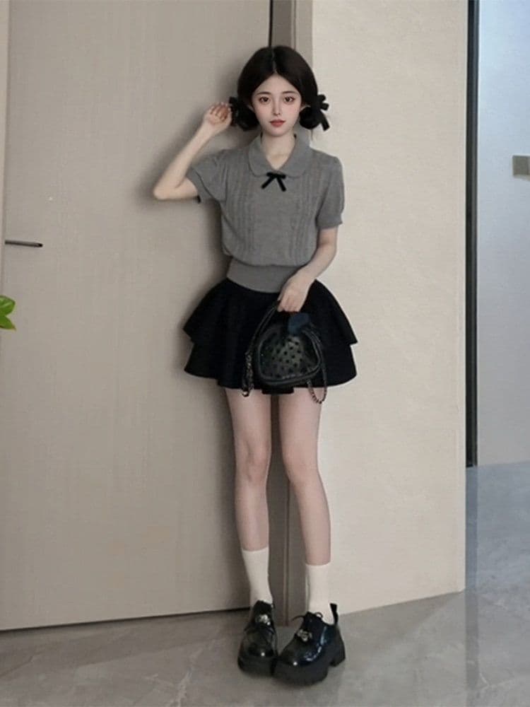 회색 베이비 칼라 나비 매듭 니트 반팔 티셔츠 프랑스식 꼬집기 허리 Chic 작은 맨위 여성 여름 이미지 2
