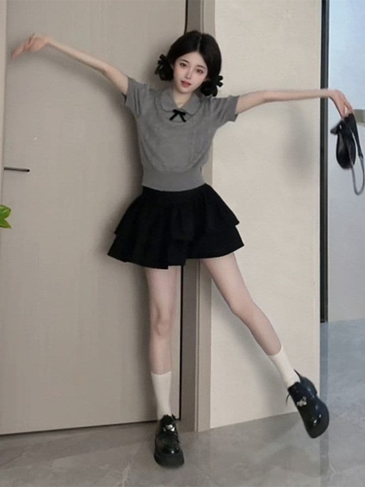 회색 베이비 칼라 나비 매듭 니트 반팔 티셔츠 프랑스식 꼬집기 허리 Chic 작은 맨위 여성 여름 이미지 4