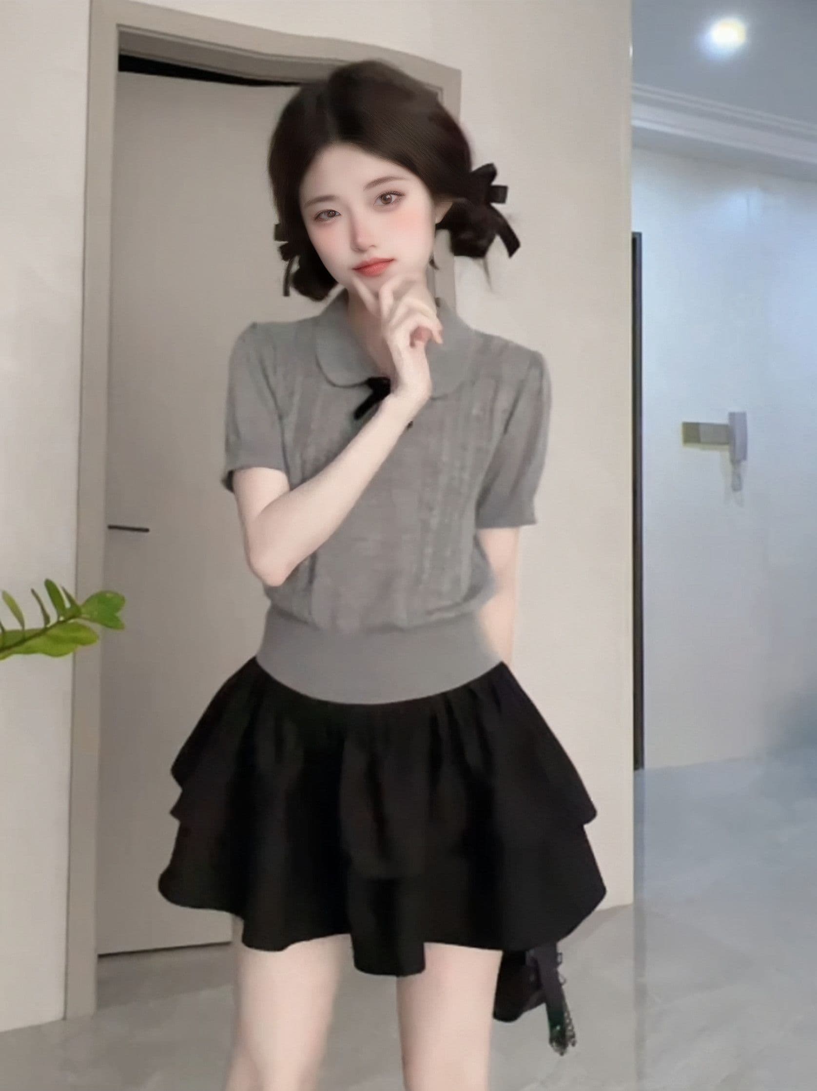 회색 베이비 칼라 나비 매듭 니트 반팔 티셔츠 프랑스식 꼬집기 허리 Chic 작은 맨위 여성 여름 상세 이미지 1