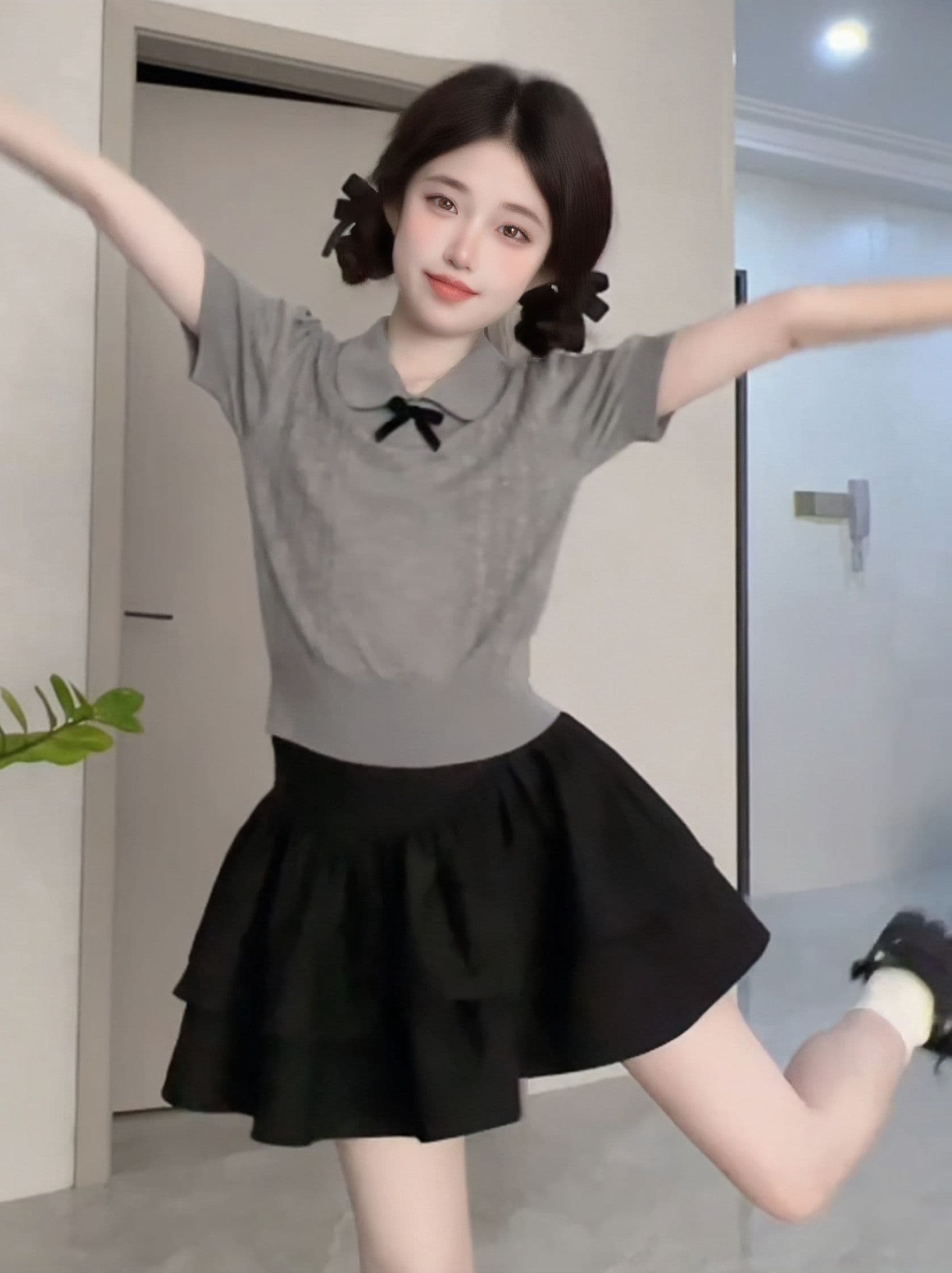 회색 베이비 칼라 나비 매듭 니트 반팔 티셔츠 프랑스식 꼬집기 허리 Chic 작은 맨위 여성 여름 상세 이미지 2