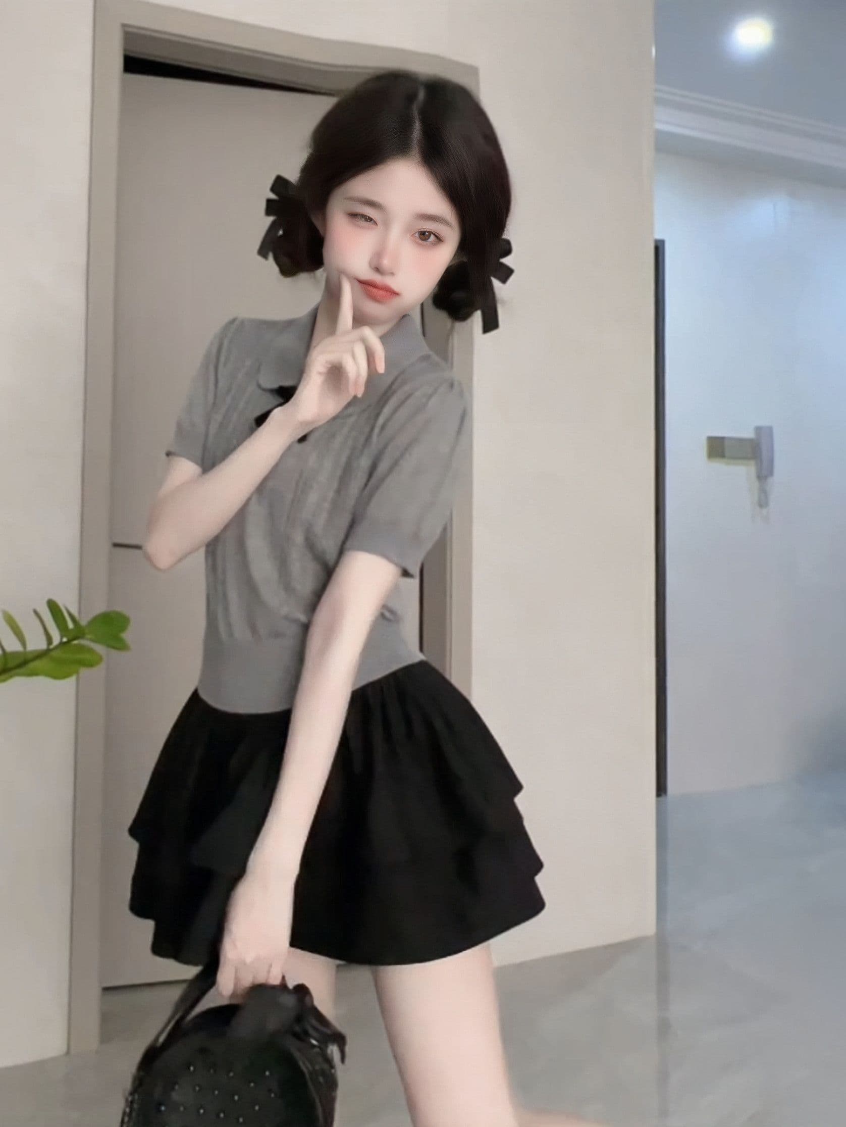 회색 베이비 칼라 나비 매듭 니트 반팔 티셔츠 프랑스식 꼬집기 허리 Chic 작은 맨위 여성 여름 상세 이미지 3