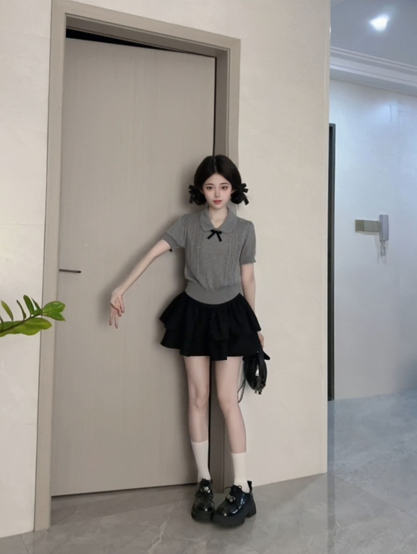 회색 베이비 칼라 나비 매듭 니트 반팔 티셔츠 프랑스식 꼬집기 허리 Chic 작은 맨위 여성 여름 상세 이미지 4