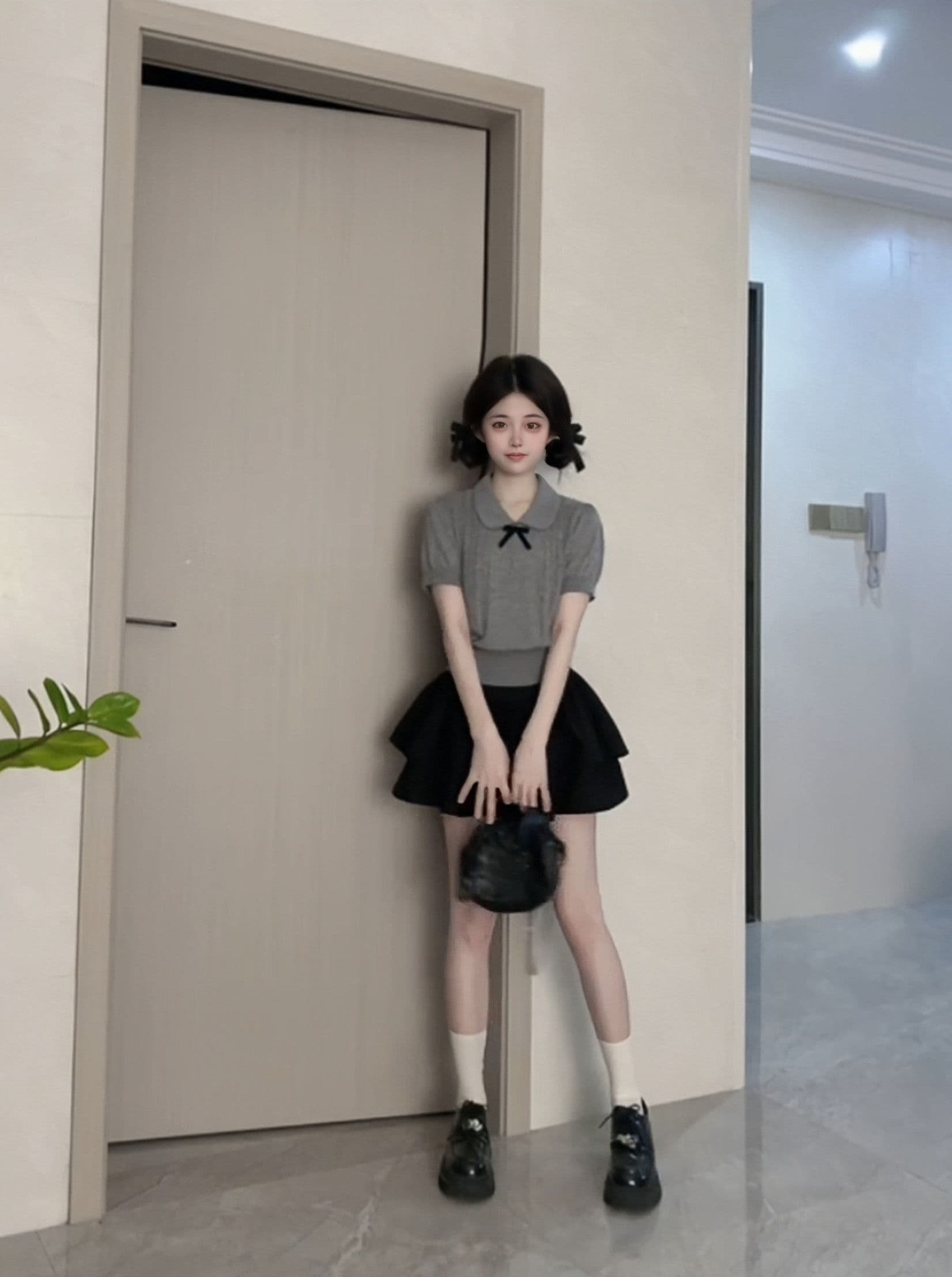 회색 베이비 칼라 나비 매듭 니트 반팔 티셔츠 프랑스식 꼬집기 허리 Chic 작은 맨위 여성 여름 상세 이미지 5